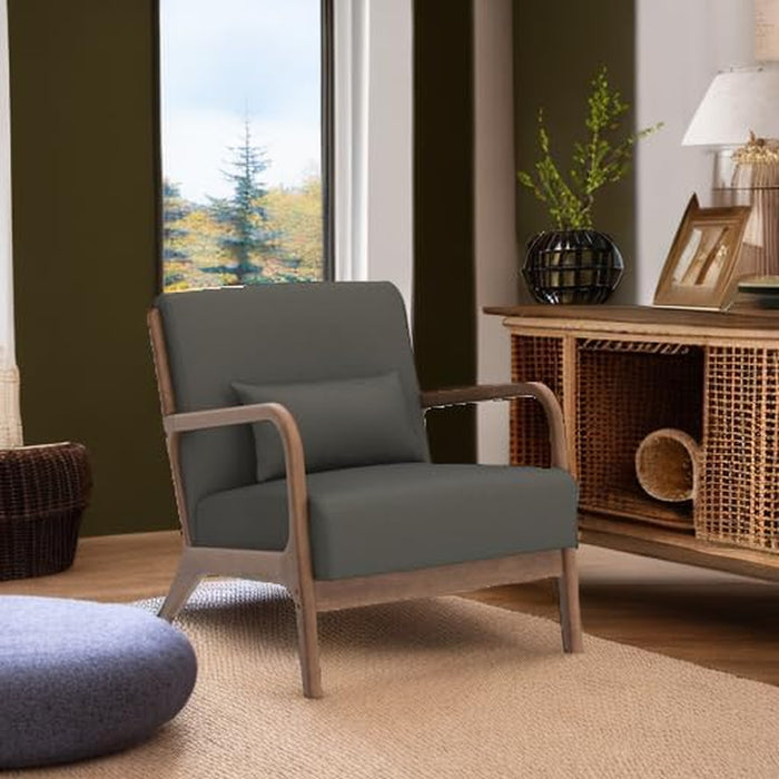 Mid Century Modern Accent Chair with Wood Frame, Upholstered Living Room Chairs with Waist Cushion, Reading Armchair for Bedroom Sunroom (Green)