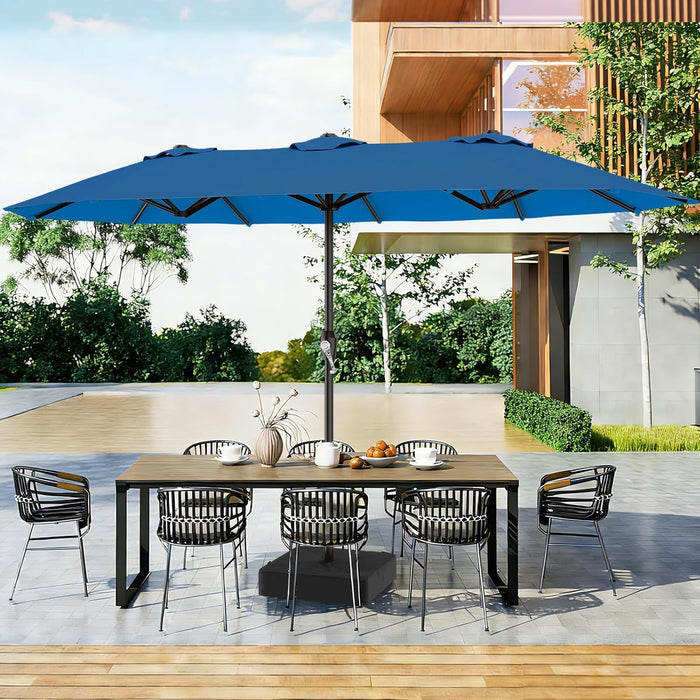 15FT Outdoor Patio Umbrella with Crank, Large Rectangular Market Umbrella, Double-Sided Outdoor Umbrellas with Cross Base & Sandbag for Porch, Lawn, Pool, Backyard, Royal Blue