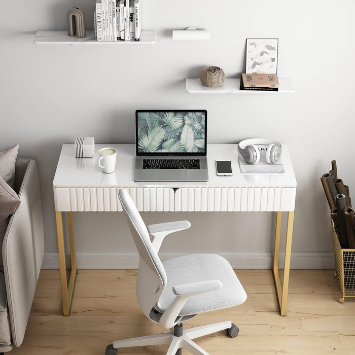 Elegant Modern Desk, 2 Drawers, Gold Legs, 43.3X15.75 Inches, Home Office, Makeup Vanity, Computer, Writing, Study, Entryway, Sofa Table