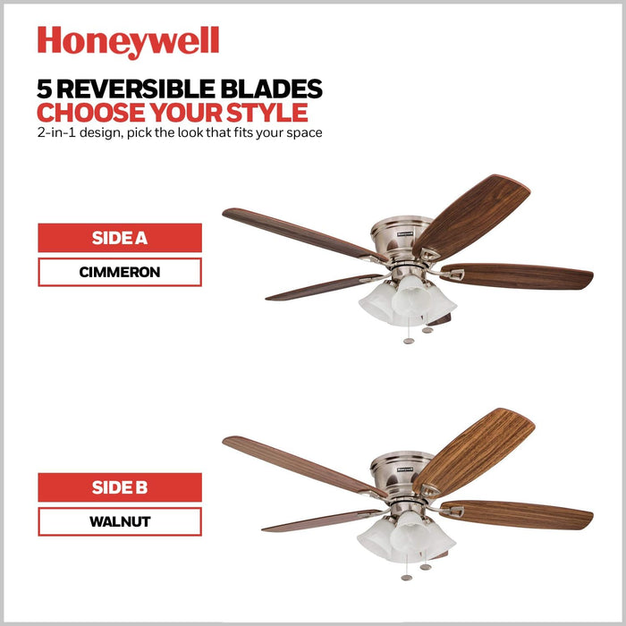 Ceiling Fans Glen Alden, 52 Inch Classic Flush Mount Indoor LED Ceiling Fan with Light, Pull Chain, Quick-2-Hang Dual Finish Blades, Reversible Motor - 50182 (Brushed Nickel)
