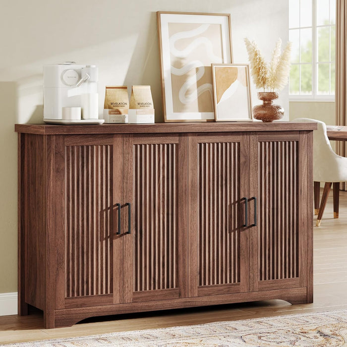 55" Fluted Sideboard Buffet Cabinet with Storage,Walnut | Modern Credenza with 4 Doors & Adjustable Shelves,Coffee Bar Table Console for Dining Room Kitchen Living Room Entryway