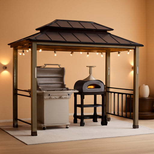 Wooden Grill Gazebo with AC Power Port, 8 X 12 Ft. Steel Hardtop Outdoor Gazebo for Year-Round Grilling, Cedar Framed Gazebo with Built-In Electrical Outlets and Decorative Fence, Black