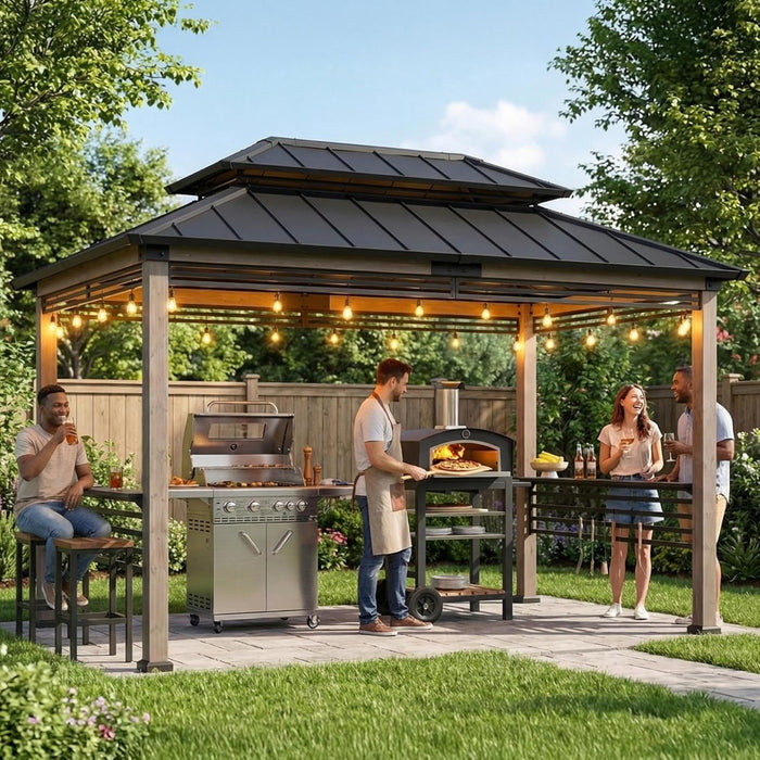 Wooden Grill Gazebo with AC Power Port, 8 X 12 Ft. Steel Hardtop Outdoor Gazebo for Year-Round Grilling, Cedar Framed Gazebo with Built-In Electrical Outlets and Decorative Fence, Black