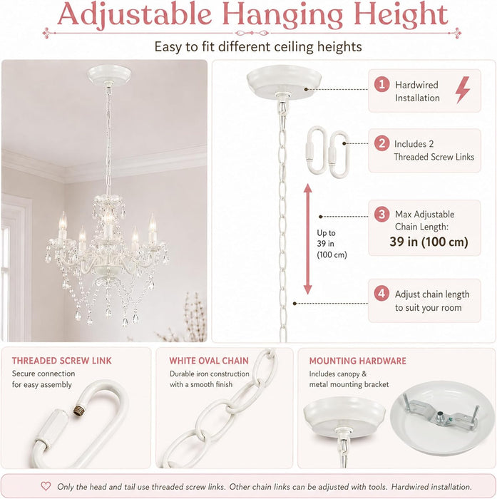 Small White 5-Light Crystal Chandelier, Modern Glass Chandelier Lighting Fixture, Small Chandelier for Bedroom, Dining Room, Living Room, Kitchen, Foyer, Girls Room Ceiling Light