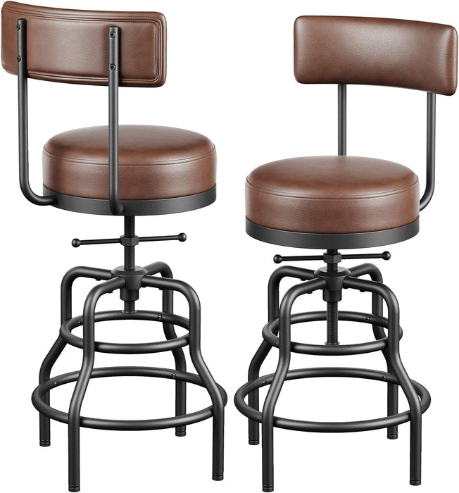 22-29 Inch Adjustable Height Swivel Bar Stools with Back Set of 2 | Vintage Bar Counter Height Stool with Thicken Premium Bonded Leather Seat & Sturdy Padded Backrest, Easy Assembly, Brown