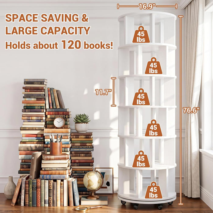 6-Tier Rotating Bookshelf Tower, Solid Wood 360° Revolving Bookcase | round Spinning Book Shelf Organizer on 6 Wheels, Narrow Rolling Bookshelves for Small Spaces, Corner, Bedroom, Office, White