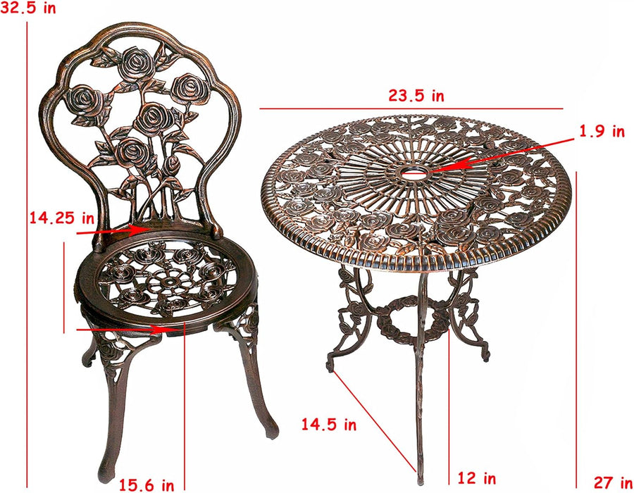 Cast Aluminum Conversation Set Metal Antique Green 3 Piece Patio Rose Bistro Set