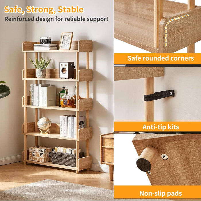 5 Tier Bookshelf, Free Standing Wooden Bookcase with Open Storage Shelves, Sturdy Shelf Organization Display Rack for Living Room, Bedroom, Home Office, Oak Color YD-BC006R