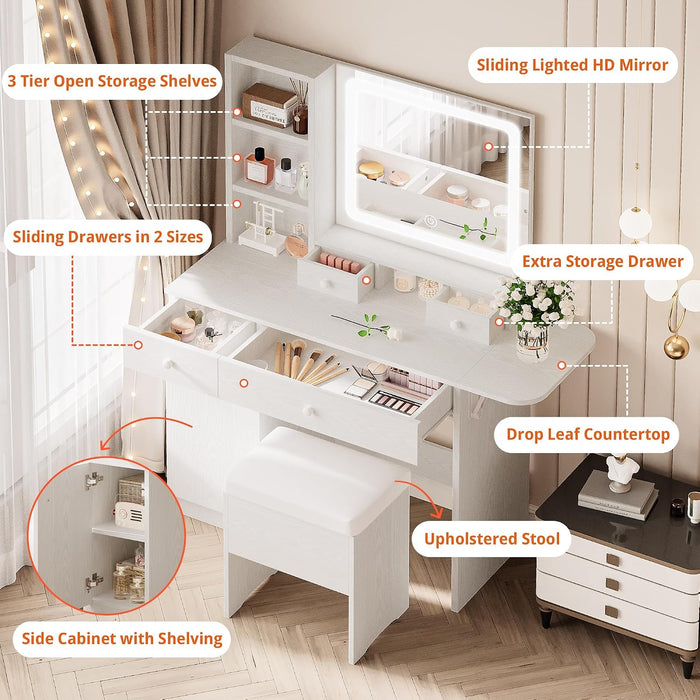 White Vanity Desk Illuminated Mirror Storage Cabinet