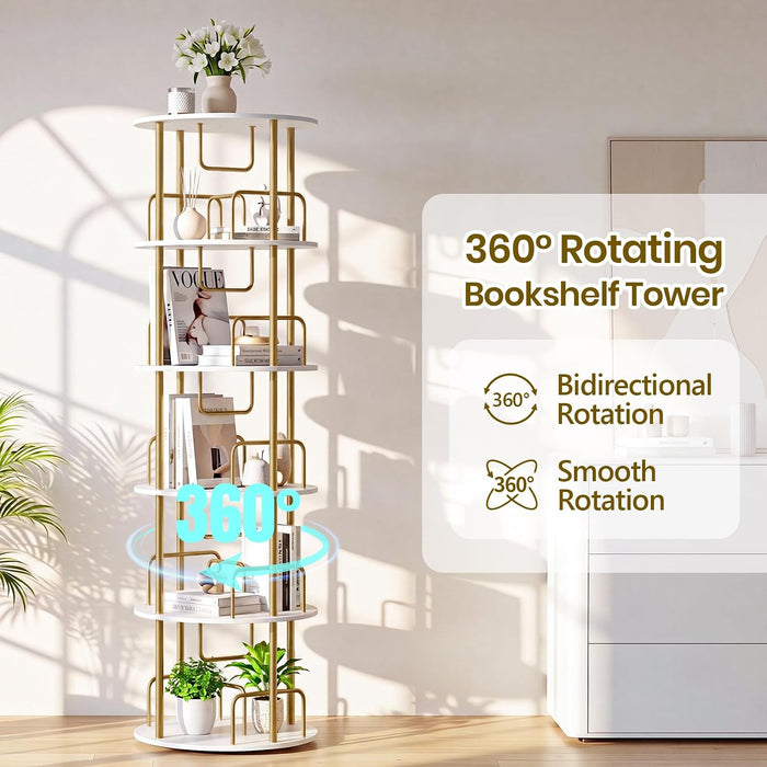 360° Rotating Bookshelf, Revolving Bookcase with Open Display Storage, round Book Shelf Tower, Freestanding Space Saving Vertical Storage Organizer for Living Room Bedroom, Corner Furniture