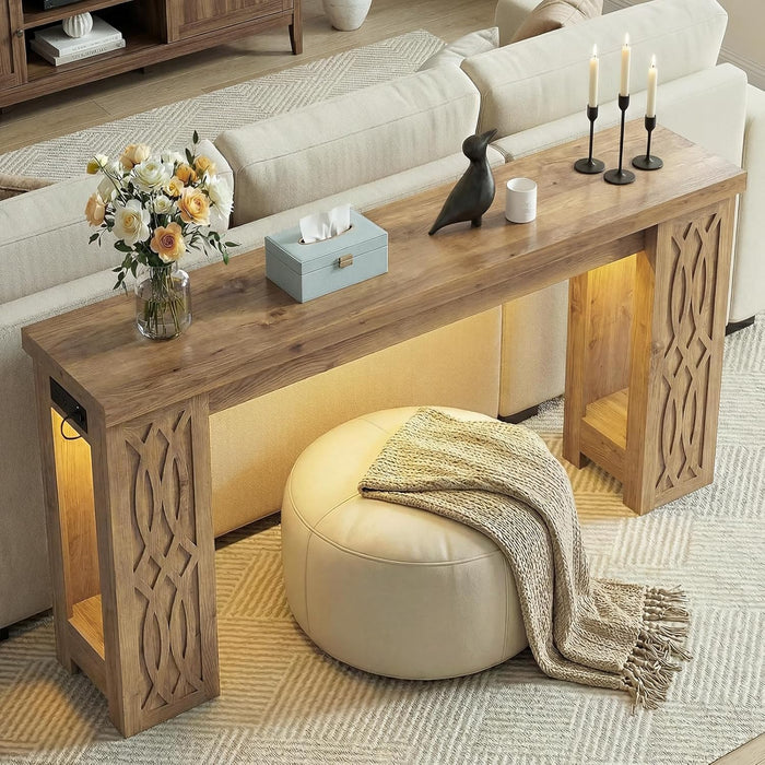47" Console Table with Outlet, Farmhouse Entryway Table with Colorful LED Lights, Wooden Sofa Table with Unique Carved Design, Foyer Accent Table for Entrance, Hallway, Living Room Natural