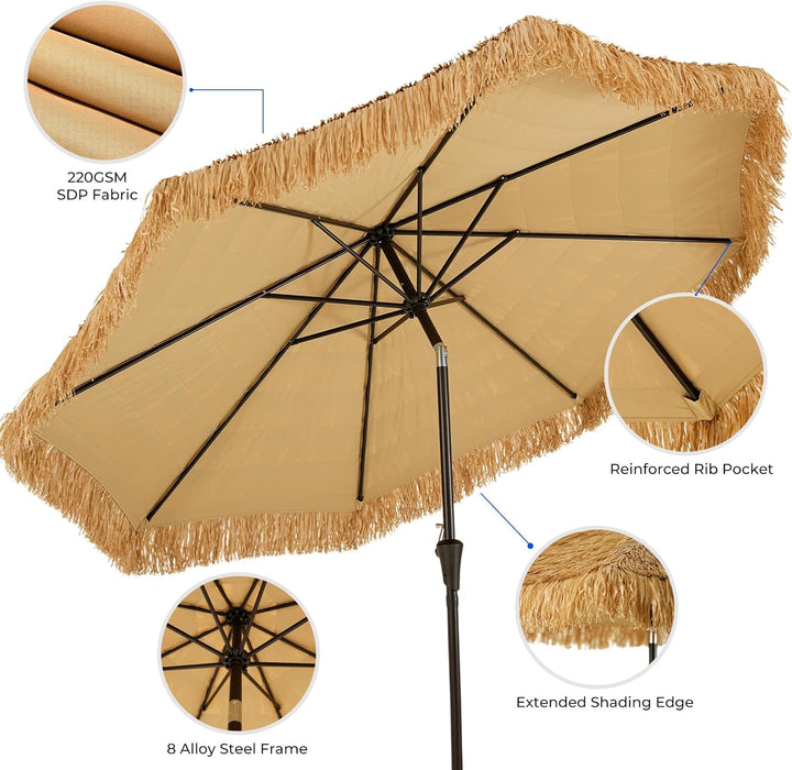 9Ft Hula Thatched Hawaiian Style Tiki Umbrella with Crank & Tilt, UPF 50+ Nylon Thatch & 220GSM Polyester Canopy, 8 Heavy-Duty Steel Ribs for Outdoor, Patio, Beach, Pool, Backyard, Garden