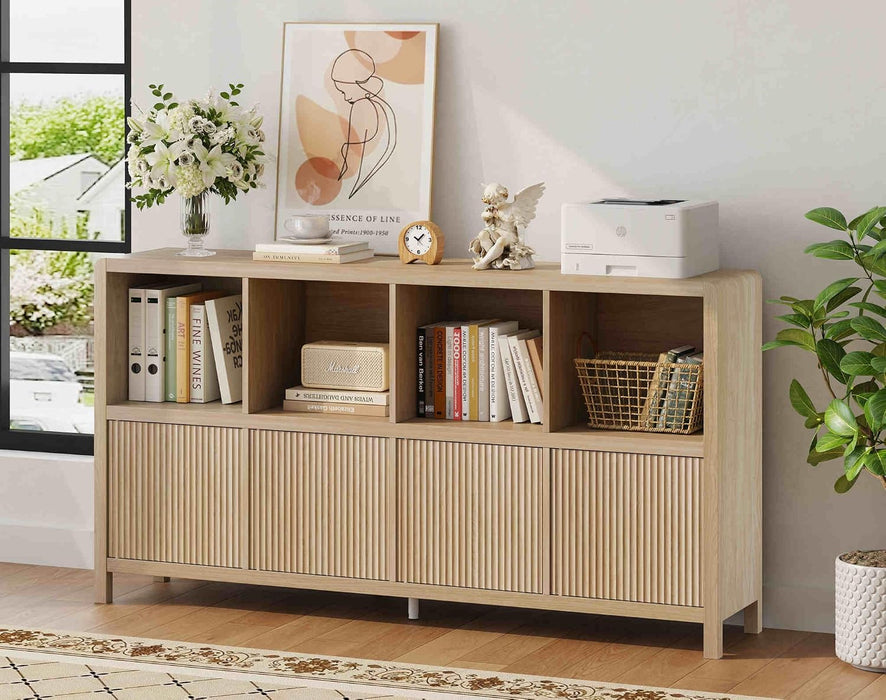 8 Cube Storage Organizer Bookshelf with Storage, 57 Inch Horizontal Bookcase with 4 Doors, Long Wooden Book Shelf for Living Room, Home Office (Light Walnut)