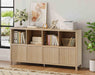 8 Cube Storage Organizer Bookshelf with Storage, 57 Inch Horizontal Bookcase with 4 Doors, Long Wooden Book Shelf for Living Room, Home Office (Light Walnut)