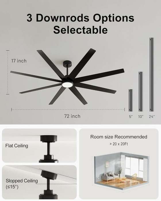 Ceiling Fans with Lights and Remote - 72 Inch Black Large Ceiling Fan for Inoor Bedroom, Living Room, Kichen, 3 Downrods, Dimmable, Super Quiet, 6 Speeds, Dual Finish 8 Blades