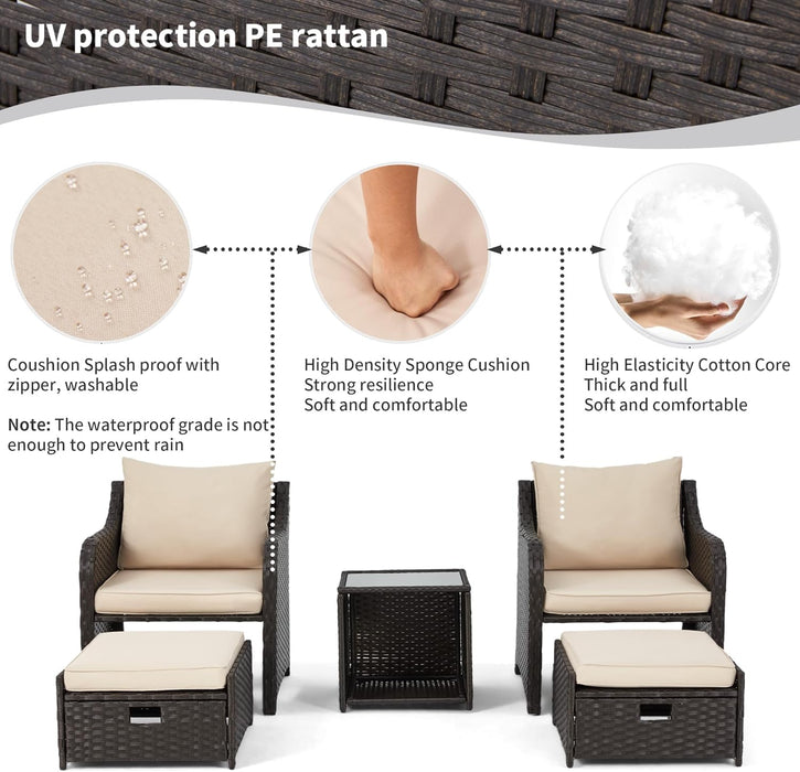 5 Piece Balcony Furniture, All Weather PE Wicker Rattan Patio Furniture Set, Cushioned Patio Chairs Set of 2 W/Ottoman&Table, Outdoor Lounge Chair for Lawn Pool Balcony, Khaki