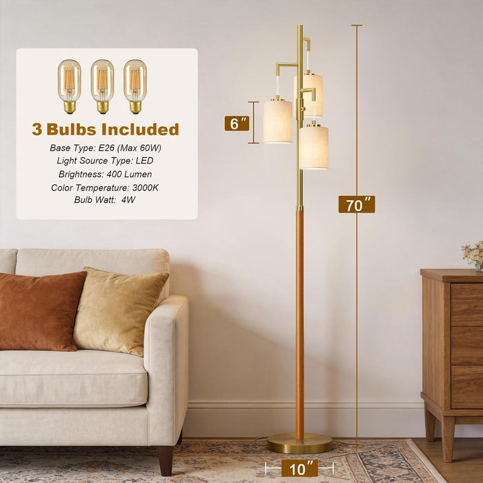 70" Wood Floor Lamp Dimmable Floor Lamps for Living Room Bedroom Mid Century Modern Floor Lamp Gold Standing Lamp Tall Lamps for Office Nursery Reading Elegant Stand up Lamp, 3 Bulbs Included