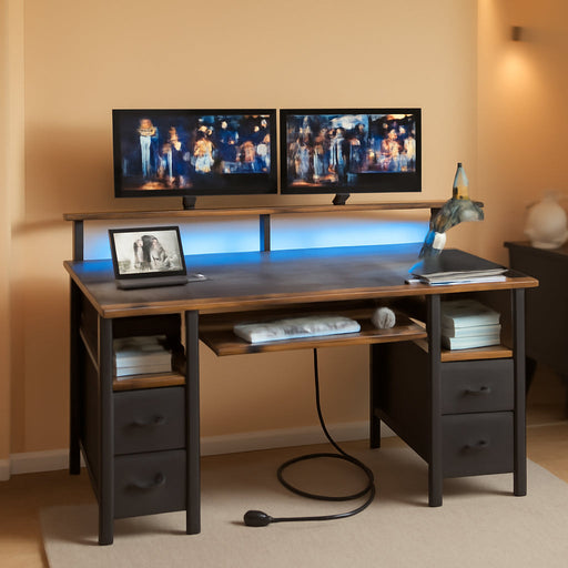 Computer Desk 47.2" with LED Lights & Power Outlets, Home Office Desk with 4 Drawers, Writing Desk with Keyboard Tray, Study Desk with Monitor Stand, Work Desk for Home Office, Rustic Brown