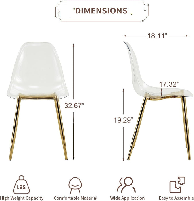 Clear Dining Chairs Set of 4, Modern Kitchen Chairs with Transparent Seat, Acrylic Accent Side Chairs with Plating Metal Legs for Dining Room, Kitchen, Living Room with Gold