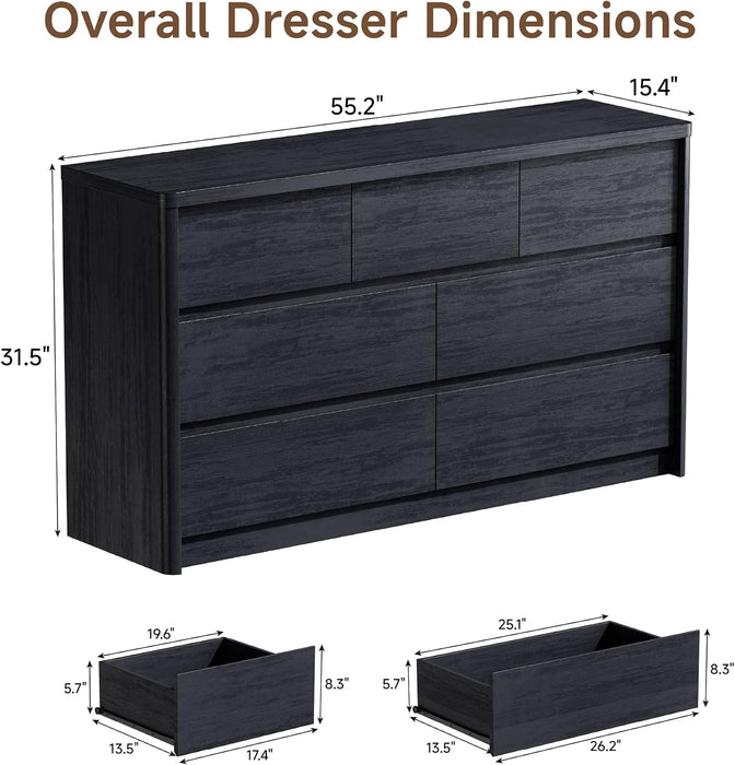 Modern 7 Drawers Dresser for Bedroom, 55" Wide Bedroom Dressers & Chest of Drawers W/Curved Profile, Mid Century Wood Dressers with Handleless Design, Large Dresser for Bedroom Living Room
