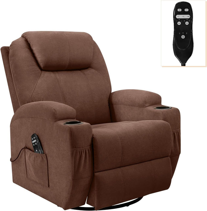 Rocking Chair Recliner Chair with Massage Swivel Ergonomic Lounge Chair Classic Single Sofa with 2 Cup Holders Side Pockets Living Room Chair Home Theater Seat (Brown)