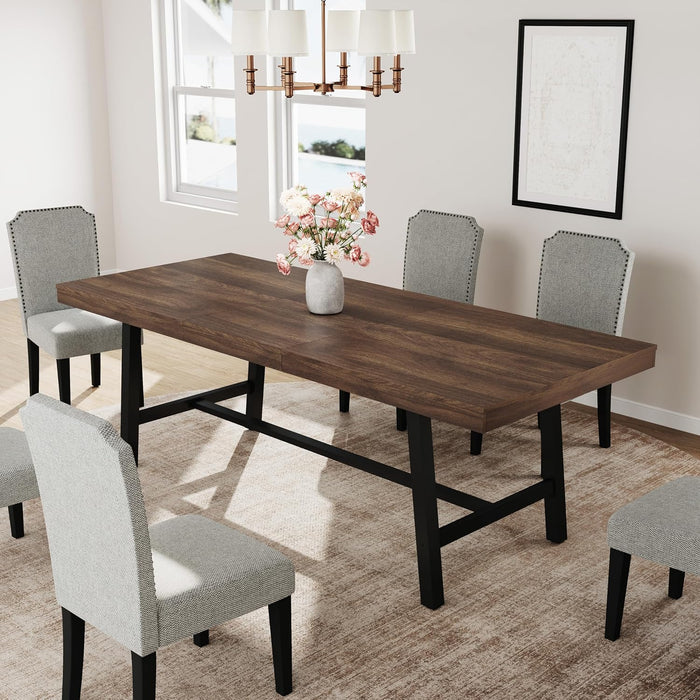 63-83" Extendable Dining Table, Industrial Rectangular Dining Room Table for 6-8 People, Expandable Kitchen Table with Heavy Duty Metal Frame for Dining Room, Kitchen & Parties, Brown