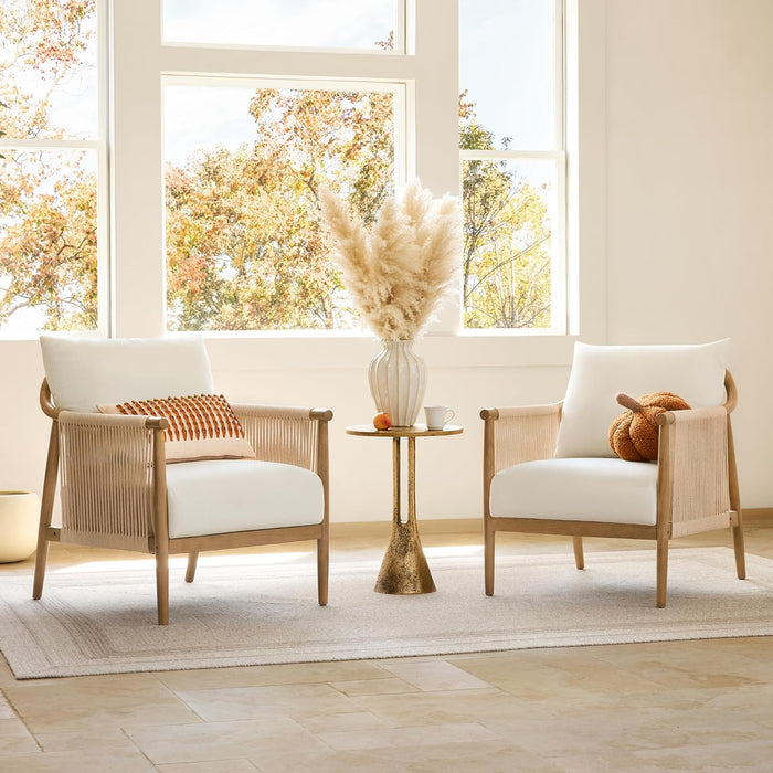 Braid Accent Chair, Modern Armchair with Solid Wooden Armrest for Living Room and Bedroom, Boho Reading Chair, Cream