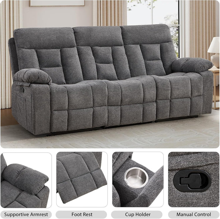 Reclining Sofa for Living Room, Extra Wide Modern Overstuffed 3 Seat Recliner Manual Sofa with Hidden Armrest Cup Holders, Soft Breathable Fabric and Padded Seat, Light Grey