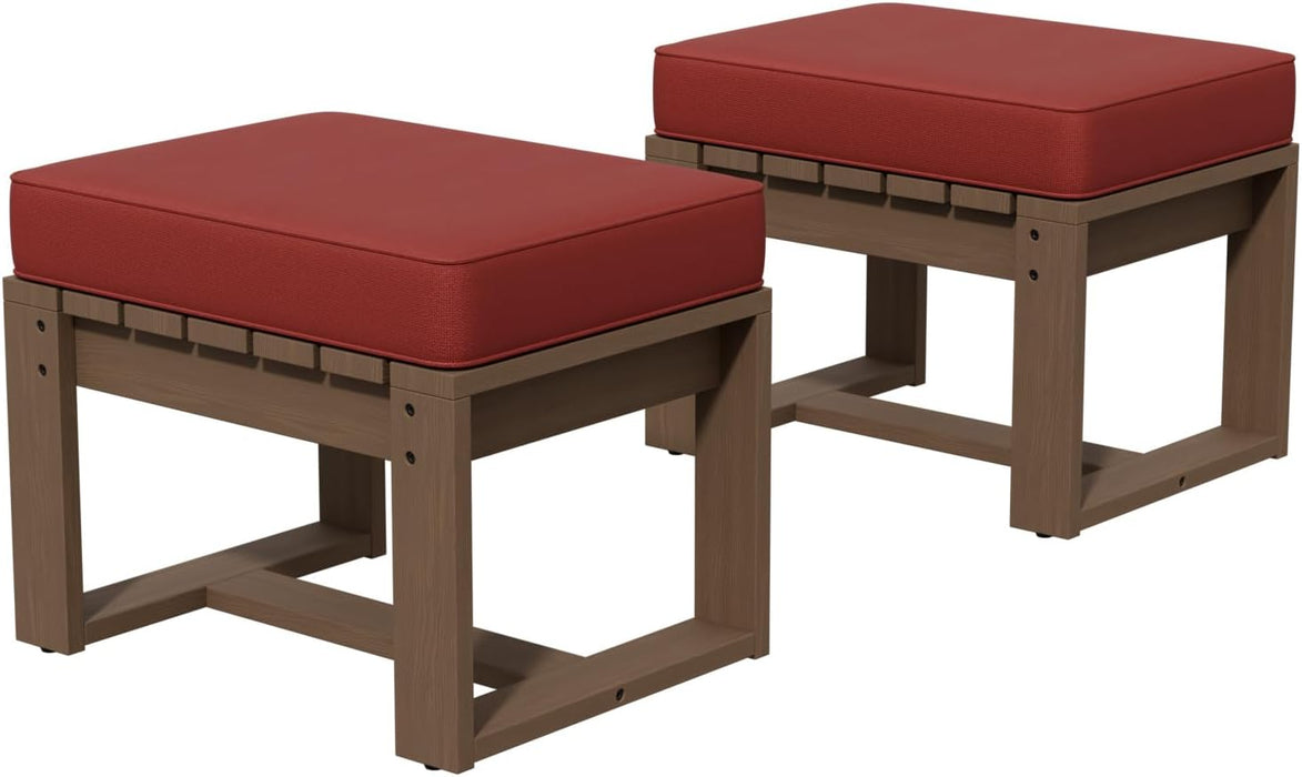 Natural Cedar Outdoor Patio Ottomans with Removable Cushions, Set of 2, Real Wood Footrests for Deck, Porch, Balcony, and Backyard, Brownish/Red