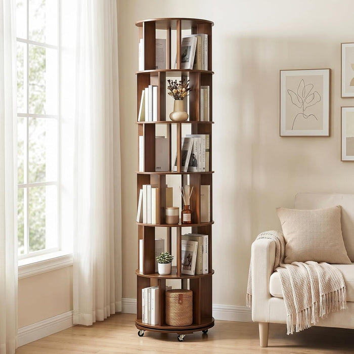 6-Tier Solid Wood Rotating Bookshelf on Wheels for Small Spaces