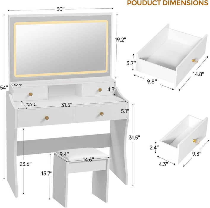 Makeup Vanity Desk with Mirror and Lights, Vanity Table and Chair Set with 5 Drawers and Charging Station, Bedroom Dresser LED Mirror Stepless Dimmable & 3 Color Modes Adjustable, White