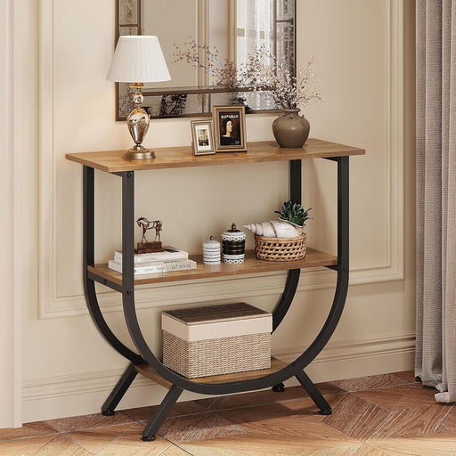 3 Tier Console Table with Storage 30" Height Entryway Table with Open Shelves Industrial Sofa Table behind Couch for Living Room Hallway Entrance (Rustic Brown)