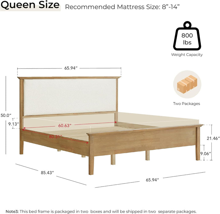 Queen Size Platform Bed Frame, with Boucle Upholstered Headboard & Wooden Slats Support, Modern Farmhouse Style Bed, No Box Spring Required, Large under Bed Storage, Easy Assembly, Natural