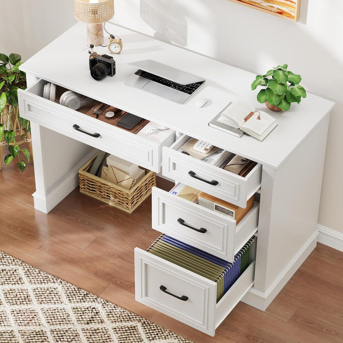 Farmhouse 47" Executive Desk with File Drawer, Computer Desk with 4 Drawers, Workstation for Writing, Study, Home Office, Cream White.