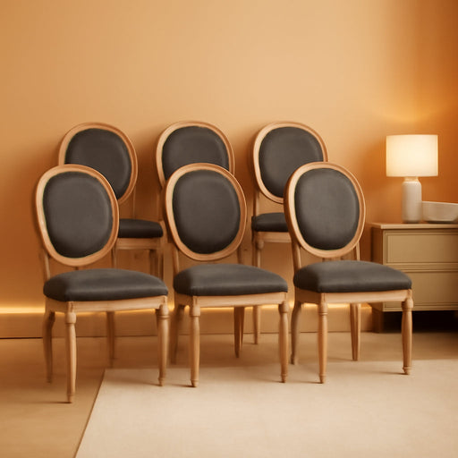 French Country Dining Chairs Set of 6, Farmhouse Dining Chairs with round Backrest, Mid Century Upholstered Dining Chairs with Solid Wood Leg for Dining Room Bedroom Kitchen Restaurant