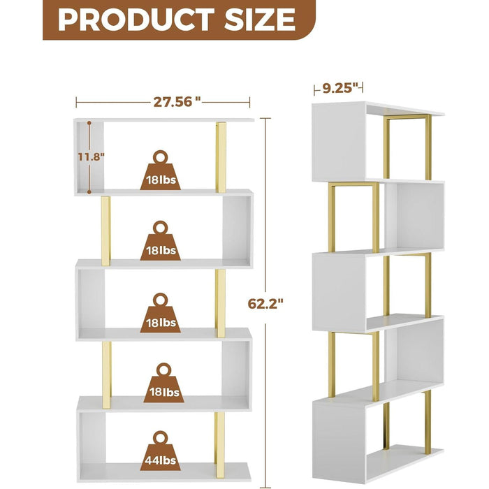 5 Tier Geometric Bookcase,S Shaped Bookshelf, Wood Decorative Storage Shelving, Modern Freestanding Display Shelves, Tall Book Shelf Unit for Living Room Bedroom, Gold