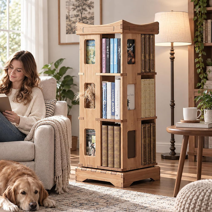 Larger Solid Wood Rotating Bookshelf, Revolving Bookcase (5-Tier)