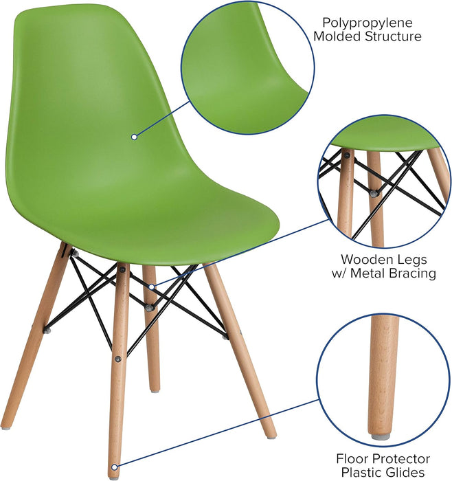 Elon Series Green Plastic Chair with Wooden Legs, 22.5"D X 18.25"W X 31.5"H