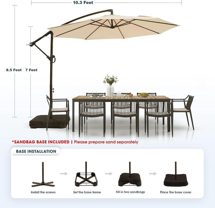 10Ft Patio Umbrella with Base Included, Outdoor Offset Cantilever Umbrella with Sandbag Base for Backyard, Garden and Pool, Easy to Tilt and Crank, Beige