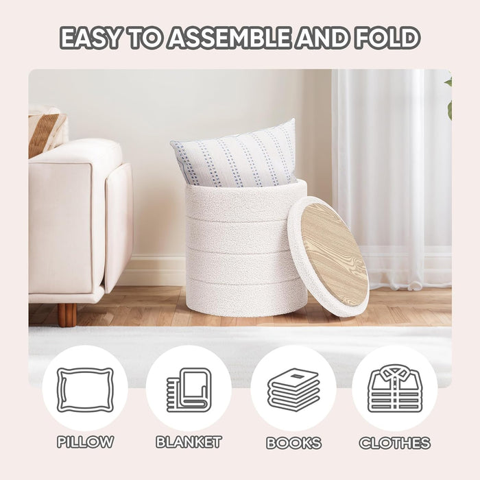 round Storage Ottoman Foot Rest Stool with Tray Velvet Sherpa Folding Storage Ottoman,Boucle Foot Rest for Living Room, Bedroom, Dorm（White）
