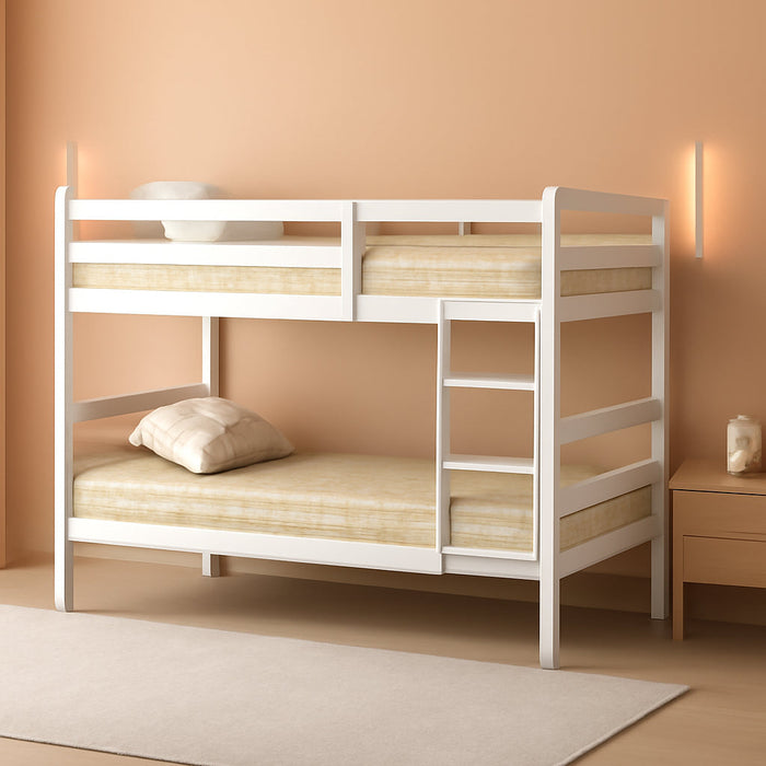 Bunk Bed Twin over Twin, Solid Wood Detachable Bed Frame with High Guardrails & Integrated Ladder, Wooden Slatted Bunk Bed for Kids & Teens, No Box Spring Needed, White