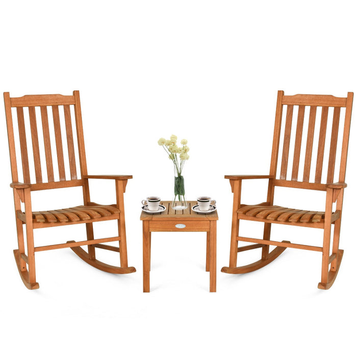 3 Pieces Eucalyptus Rocking Chair Set with Coffee Table