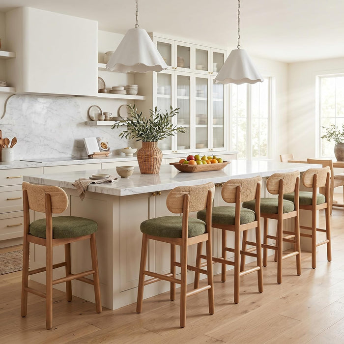 Counter Height Bar Stools Set of 2, Modern Upholstered round Counter Stools with Natural Woven Rope Back and Solid Wood Legs, Boho Barstools for Kitchen Island/Home Bar/Oatmeal - Green Chenille