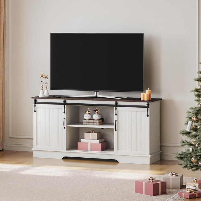 TV Stand for 65 Inch TV, Farmhouse Entertainment Center with Sliding Barn Doors, TV Media Console for Living Room, White & Espresso