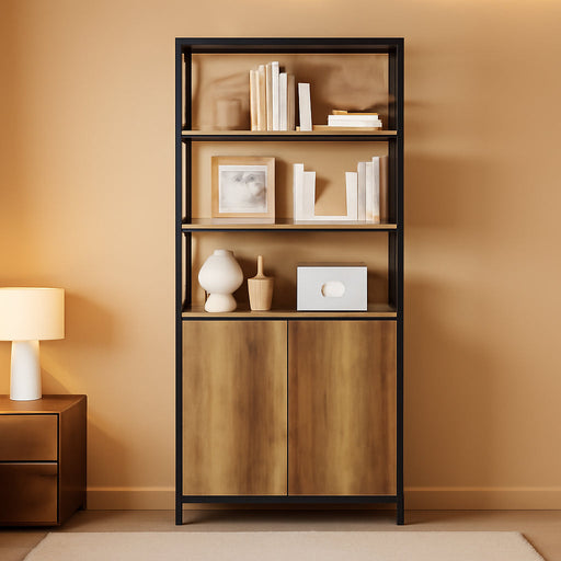 71" Tall Bookshelf with Doors and Adjustable Shelf, Brown | Industrial Display Standing Shelf Rack with 3-Tier Shelves, Bookcase with Protective Rails for Living Room, Office