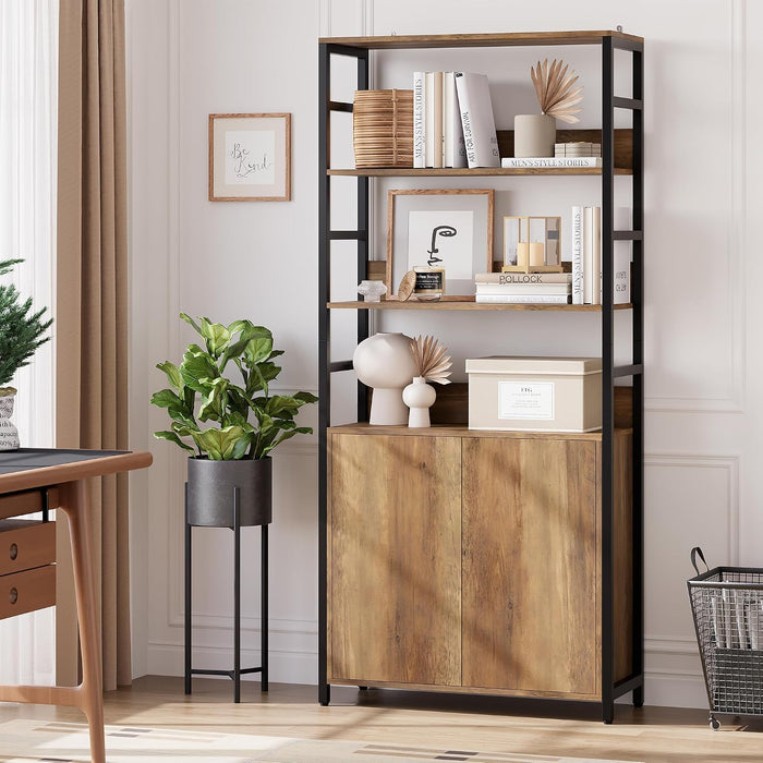 71" Tall Bookshelf with Doors and Adjustable Shelf, Brown | Industrial Display Standing Shelf Rack with 3-Tier Shelves, Bookcase with Protective Rails for Living Room, Office