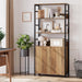 71" Tall Bookshelf with Doors and Adjustable Shelf, Brown | Industrial Display Standing Shelf Rack with 3-Tier Shelves, Bookcase with Protective Rails for Living Room, Office