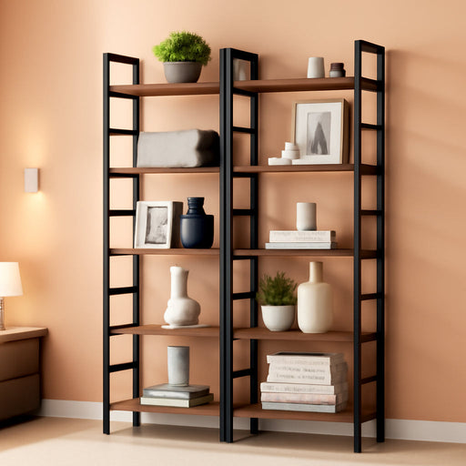 5-Tier Industrial Bookshelf, 71”H X 47”W Etagere Bookcase, Freestanding Double Wide Book Shelf for Storage and Display, Wood and Metal Bookshelves for Living Room Home Office, Rustic Brown