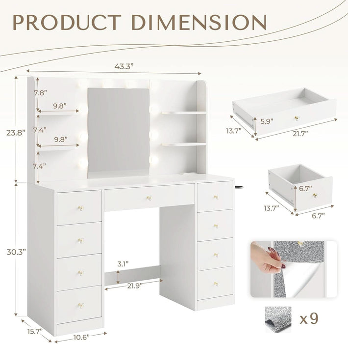 Vanity Desk with Mirror and Lights, Makeup Vanity Vanity Desk with 9 Drawers and 6 Storage Shelves Dressing Table, Vanity Desks with Power Outlet and 3 Color Modes 10 LED Bulb for Girls White