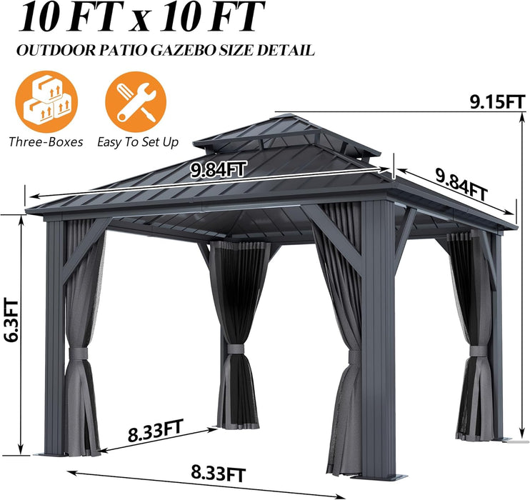 10'X10' Outdoor Hardtop Gazebo with Double Roof - Heavy-Duty Galvanized Steel Top Aluminum Frame Gazebo with Breathable Netting & Privacy Curtain for Patio, Porch, Garden, Lawn, Deck, Backyard